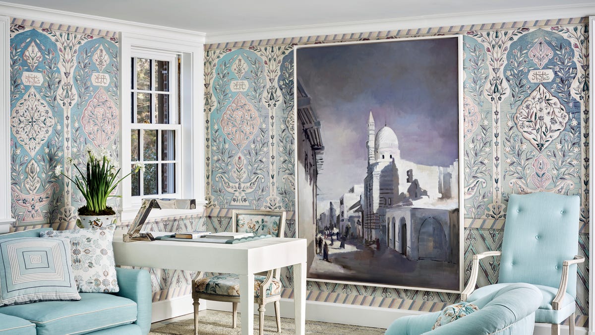 Modern room with installed wallpaper